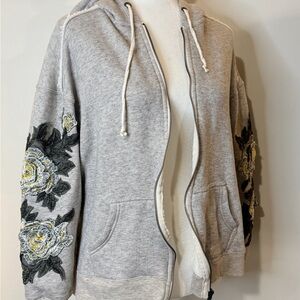 Democracy Gray Floral Applique Zip-up Hoodie